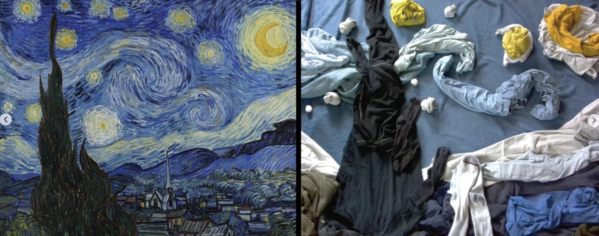 OlympiaSchools's tweet photo. How about this amazing "laundry art" by a student over at Washington Middle School? Can anyone name the artist (the original or the re-imagining)??? ❤️⭐️🖤 #WashingtonMS #BulldogArt #COVIDCreations https://t.co/SyBKop0Q1G