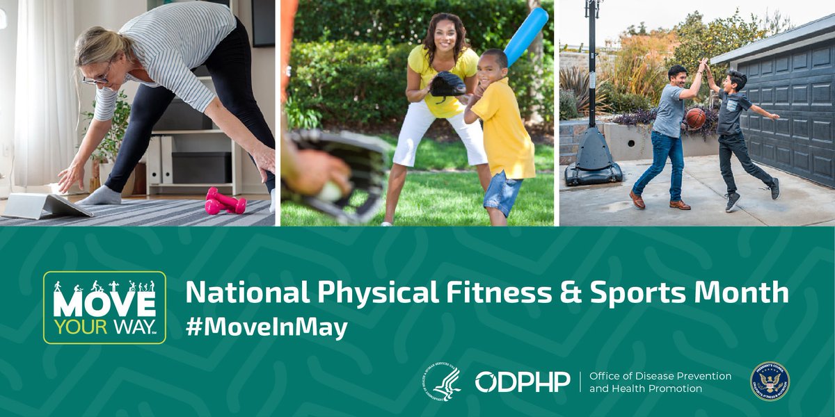 FitnessGov's tweet image. While you #StayAtHome, it's a great time to #StayActive for National Physical Fitness &amp;amp; Sports Month! There are many things you can do while #SocialDistancing: work out with an online video, take a walk or bike ride, or dance to your favorite playlist. Just have fun! #MoveInMay