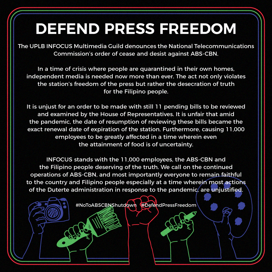 uplbimg's tweet photo. UPLB INFOCUS Multimedia Guild stands with 11,000 employees, the ABS-CBN, and the Filipino people deserving of the truth.

#DefendPressFreedom
#NoToABSCBNShutdown
#ProtectOurWorkers
#MalayangPamamahayag https://t.co/XFE7bhsMwD