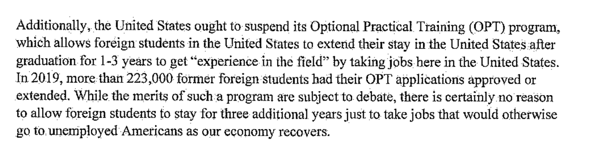 karinfischer's tweet photo. A group of Republican senators are asking President Trump to suspend OPT, the postgraduate work program for international students, as well as the H-1B work visa, during the pandemic https://t.co/oKDniM2Yj0 

Let's spend a minute on the context of this letter... https://t.co/57iSMSGbwg