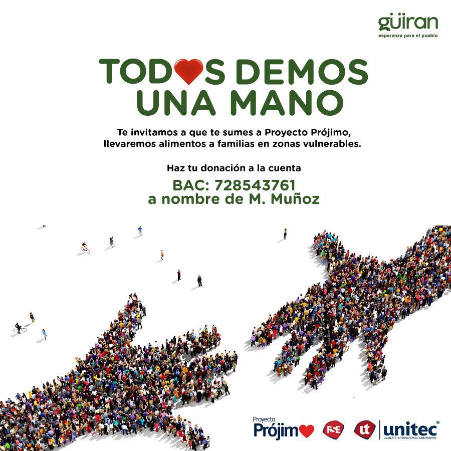 #SomosGuiran y nuestras iniciativa de voluntariado sigue brindndo apoyo a los que necesitan. Ahora con #PROJIMO nuestro proyecto en alianza con #Unitec podemos llevar alimentos. Dona a través de:
📲Transferencia Bancaria: bit.ly/proyectopr%C3%…
