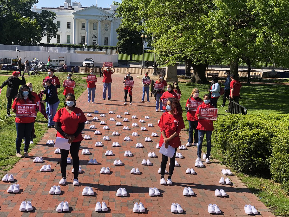 kennethzinn's tweet photo. Nurses are back at the White House at the start of Nurses Week to protest Trump’s abhorrent failure to protect nurses and other health care workers. There are 88 pairs of shoes for every nurse in the US whose name we know who has died of covid-19. Presente! @NationalNurses https://t.co/FAVz1FHTtY