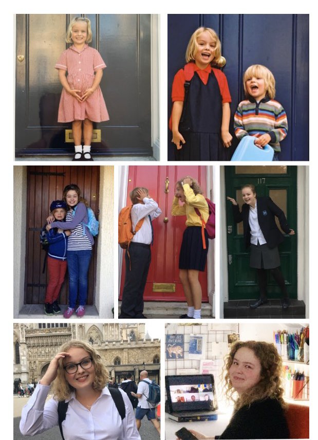 tilly_mcauliffe's tweet photo. Six school first days (inc one in France) to her last ever lesson - on Zoom in her bedroom. I asked for a word on each school: Scary, Loving, Different, Nightmare, Hard work, Wonderful. Onwards and upwards. #lockdown #nomorelessons #NoALevels https://t.co/pp37niHhPw