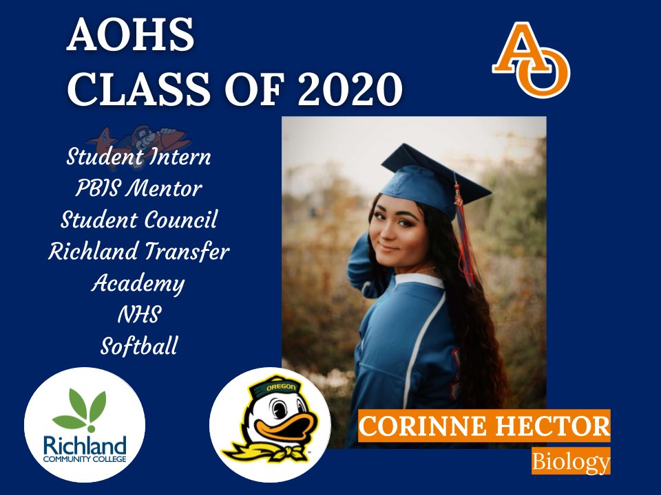 AOStuCo's tweet photo. Corinne Hector will be attending Richland Community College &amp; then transferring to the University of Oregon to pursue a major in Biology. Congratulations Corinne! #WeAreAO https://t.co/Sf3M21a0Dx