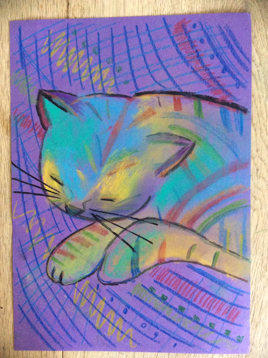 campbells2003's tweet photo. Cat nap... of Rainbow dreams @Alan_Measles @noelfielding11 #noelsartclub  #c4ArtClub Austin (aged 10) was inspired by you both on #graysonsArtClub he hopes you both like his picture?... what do you think? this is his cat Tabitha x https://t.co/k2y9iUkTiv