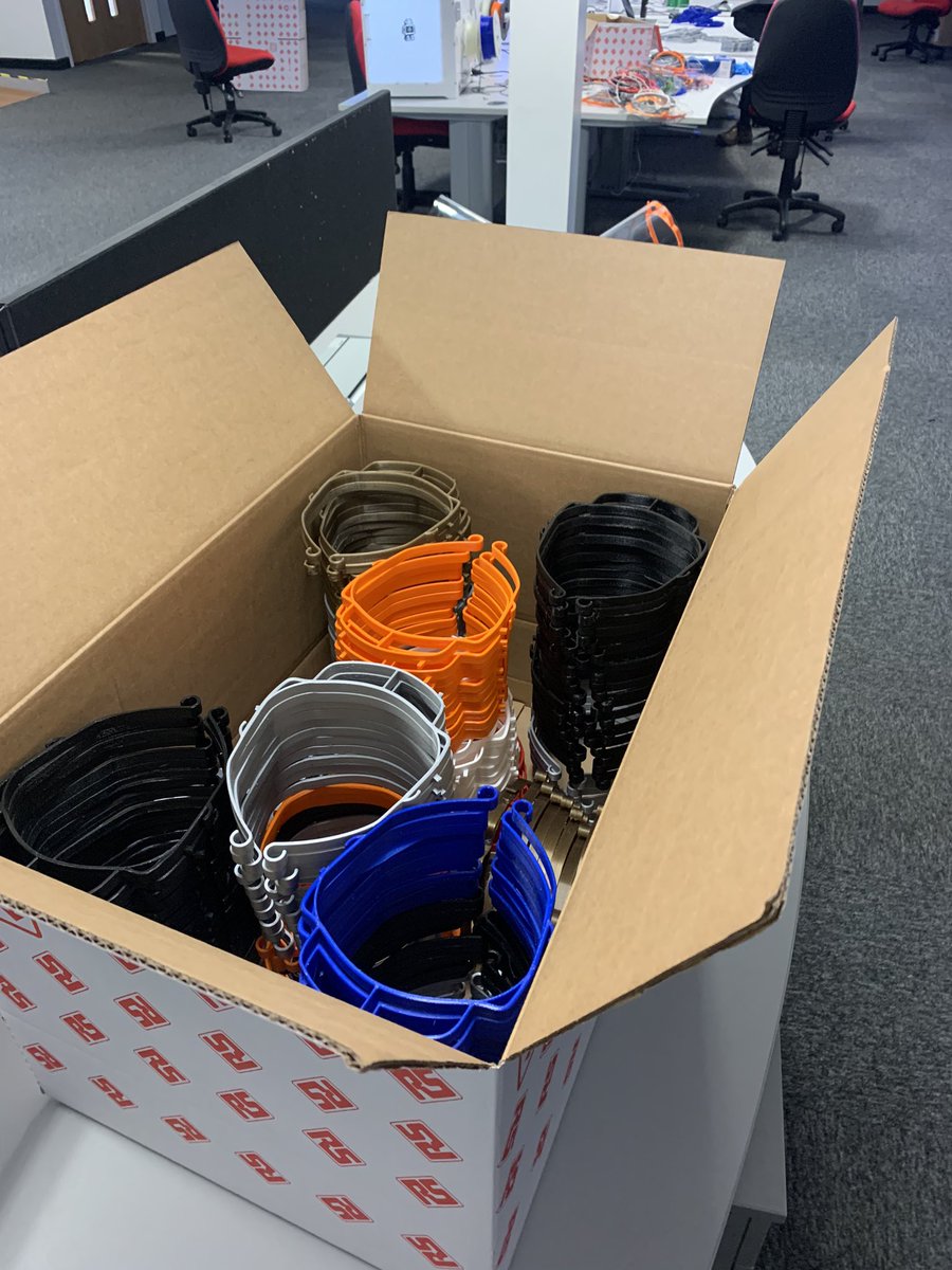RSDesignSpark's tweet image. Over 200 visors packed and sent from the @RSComponents print farm to @igus and some more stacks still needing to be separated and sent at the start of next week. @N3DPS #PrintingToProtect