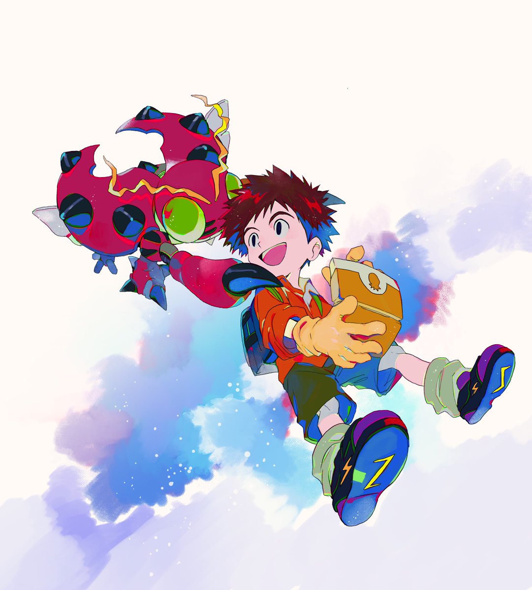 digimon (creature) open mouth 1boy gloves shorts brown hair male focus  illustration images