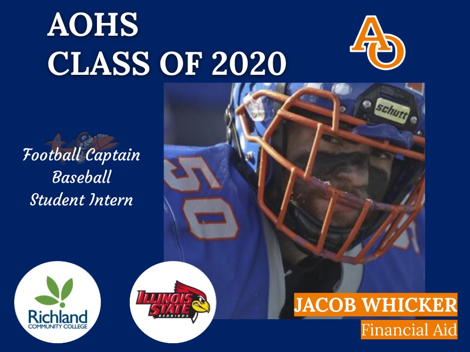 AOStuCo's tweet photo. Jacob Whicker will be attending Richland Community College &amp; then transferring to Illinois State University to pursue a major in Financial Aid. Congratulations Jacob! #WeAreAO https://t.co/1Mhpgp6F2U