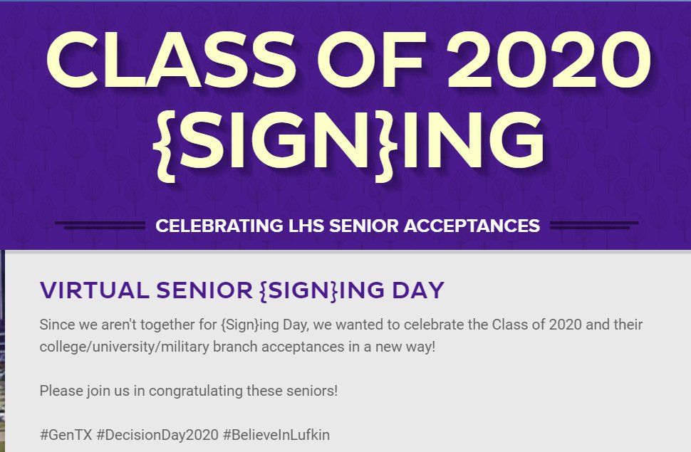media_lhs's tweet photo. Congratulations to the Class of 2020 on their acceptances! Join us in celebrating these seniors! https://t.co/Cp1ImRVpmX
https://t.co/h4YhaueBxa
#VirtualSigningDay #GenTX #DecisionDay2020
@asoderquist @LufHSCounseling @BrandonHBoyd @ShellySlaton @A_Mijares01 @TeamLufkinISD https://t.co/wt9T2pi3Ll