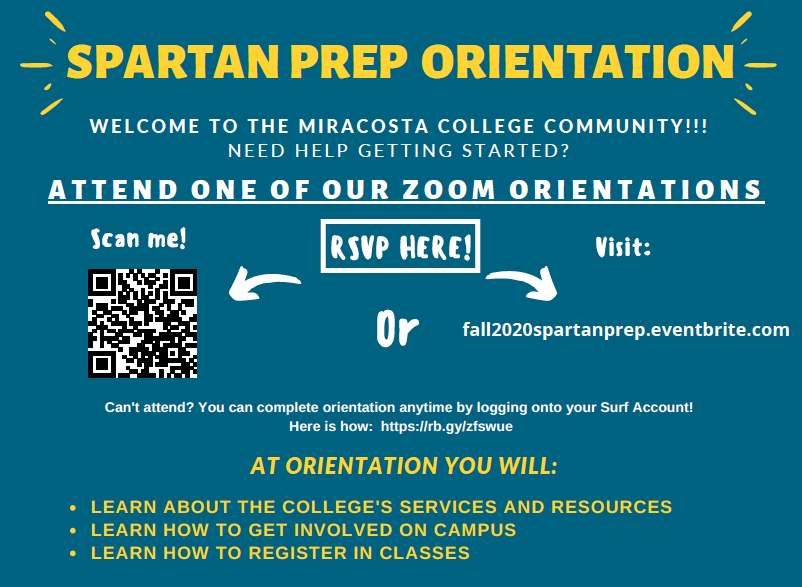 MiraCosta's tweet image. Spartan Prep Orientation dates have officially launched! RSVP via Eventbrite at fall2020spartanprep.eventbrite.com or scan the QR code in the flyer. See you there future, Spartans!