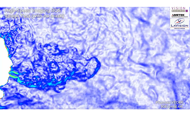 techreview's tweet photo. A schlieren imaging system was used to study how masks prevent the spread of air and moisture when coughing. Phantom Cameras captured the data in high-speed and LaVision used their software to display the data in color. Video: https://t.co/mhlhga9cbX (Provided @phantomhispeed) https://t.co/XwyC49NGNE