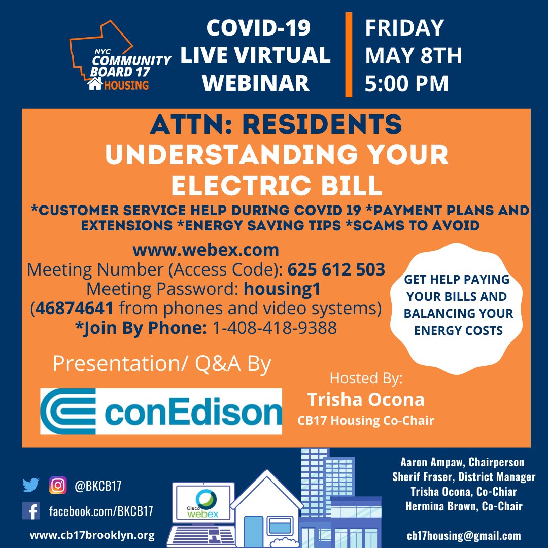 Tomorrow at 5PM join the housing committee for another informative presentation. <a href="/ConEdison/">Con Edison</a> will discuss balancing your energy costs &amp; how to receive payment assistance.

Meeting link: ow.ly/xzqH50zz9FO
Meeting number: 625 612 503
Password: housing1 (46874641 from phones)