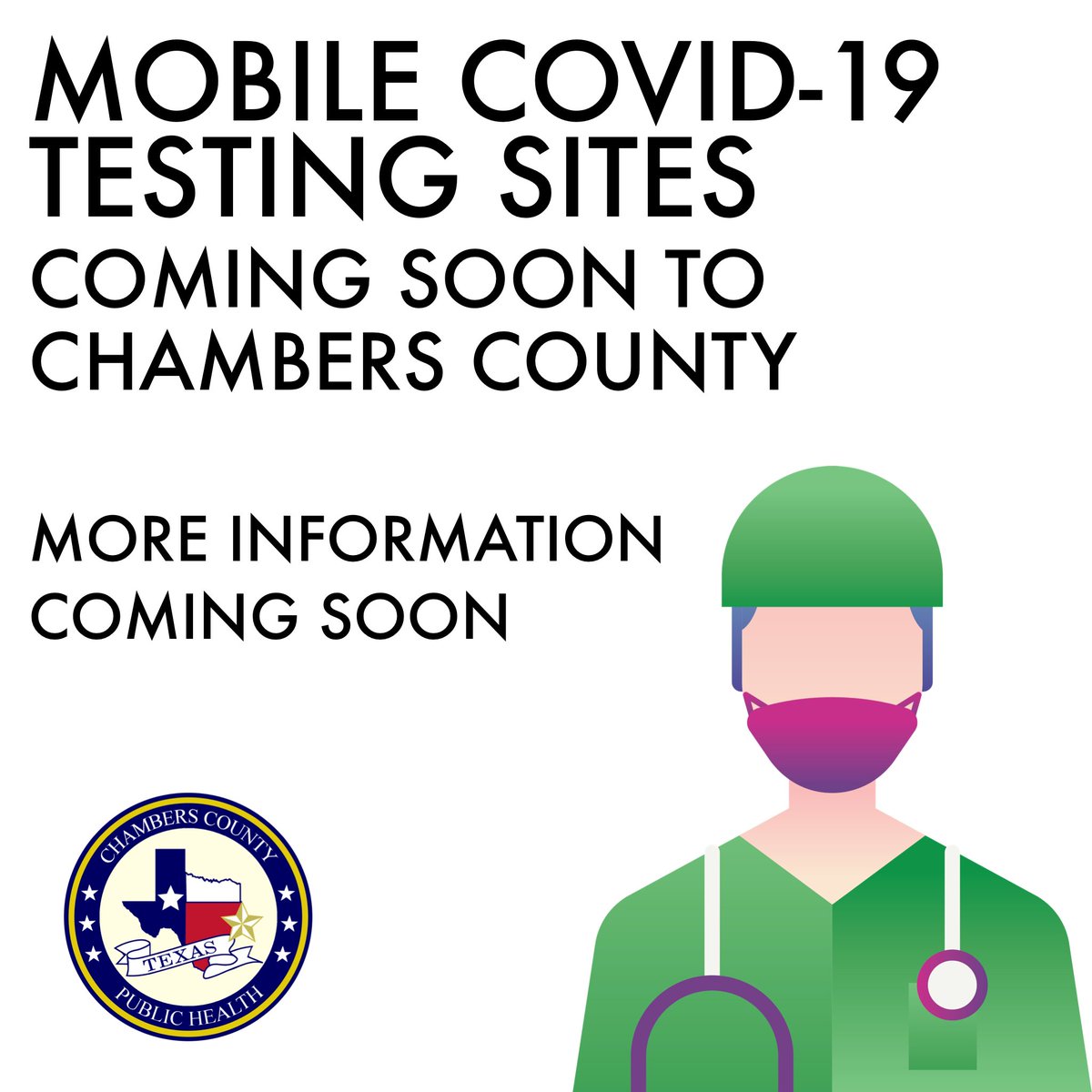 chambers_county's tweet photo. Just a reminder... two more mobile COVID-19 testing sites are coming to Chambers County. We will release pre-registration and location information to our webpage and social media accounts ASAP. https://t.co/RS3JTY3npN