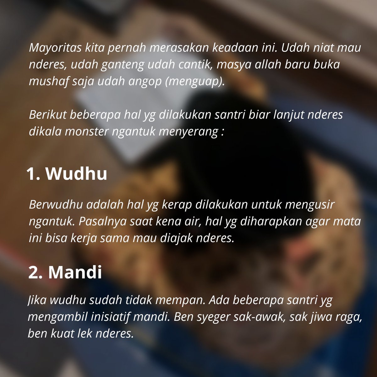 huffadhkrapyak's tweet photo. Semoga Ramadhan tahun ini makin produktif lek ngaji lek nderes, ngantuk ya lawan, tapi kalau ngantuk karena emang lelah atau belum istirahat ya tidurlah. 
_______
#ajegnderes
#huffadhkrapyak https://t.co/8a2R7FDNAc
