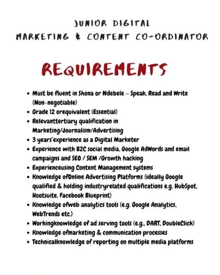 Sisol Labour Projects (@sisolprojects) on Twitter photo Vacancy : Junior Digital Marketing & Content Coordinator
Area : Isando
Email : matthew@sisolprojects.co.za
#JobSeekersSA
#COVID19 Vacancy : Junior Digital Marketing & Content Coordinator
Area : Isando
Email : matthew@sisolprojects.co.za
#JobSeekersSA
#COVID19