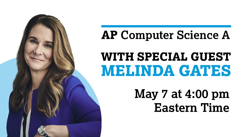 CollegeBoard's tweet image. Three exciting guests are dropping into live AP classes today!

@KChenoweth is joining AP Music Theory: spr.ly/601617x0s
@rblancopoet is joining #APLit: spr.ly/601717x0t
@melindagates is joining AP Computer Science A: spr.ly/601917x0v

#APMasterClass