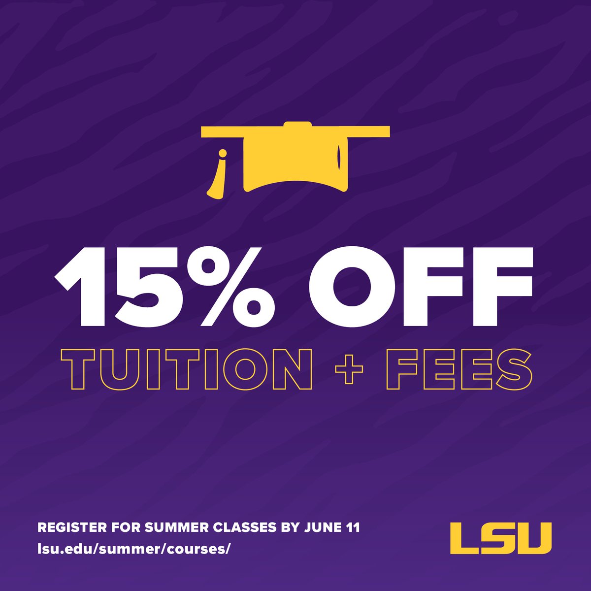 LSU's tweet photo. Students are eligible for 15% off tuition/fees for summer courses.

Register for classes by June 11: https://t.co/0HTN5XaixM https://t.co/2nPBYgteBT