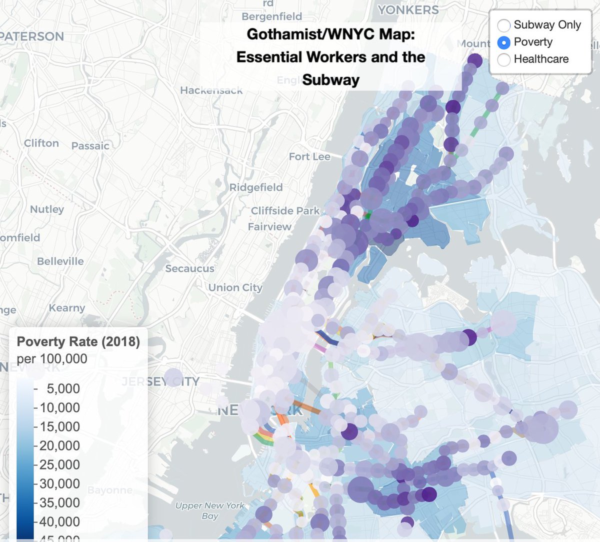 Gothamist's tweet photo. While subway service is shut down between 1am & 5am daily (to clean the cars), ridership during the pandemic remained high for neighborhoods with high rates of poverty, a likely sign that some essential workers are amongst the lowest paid. #wethecommuters https://t.co/e2hyXohTs3 https://t.co/kKaYSOlbho
