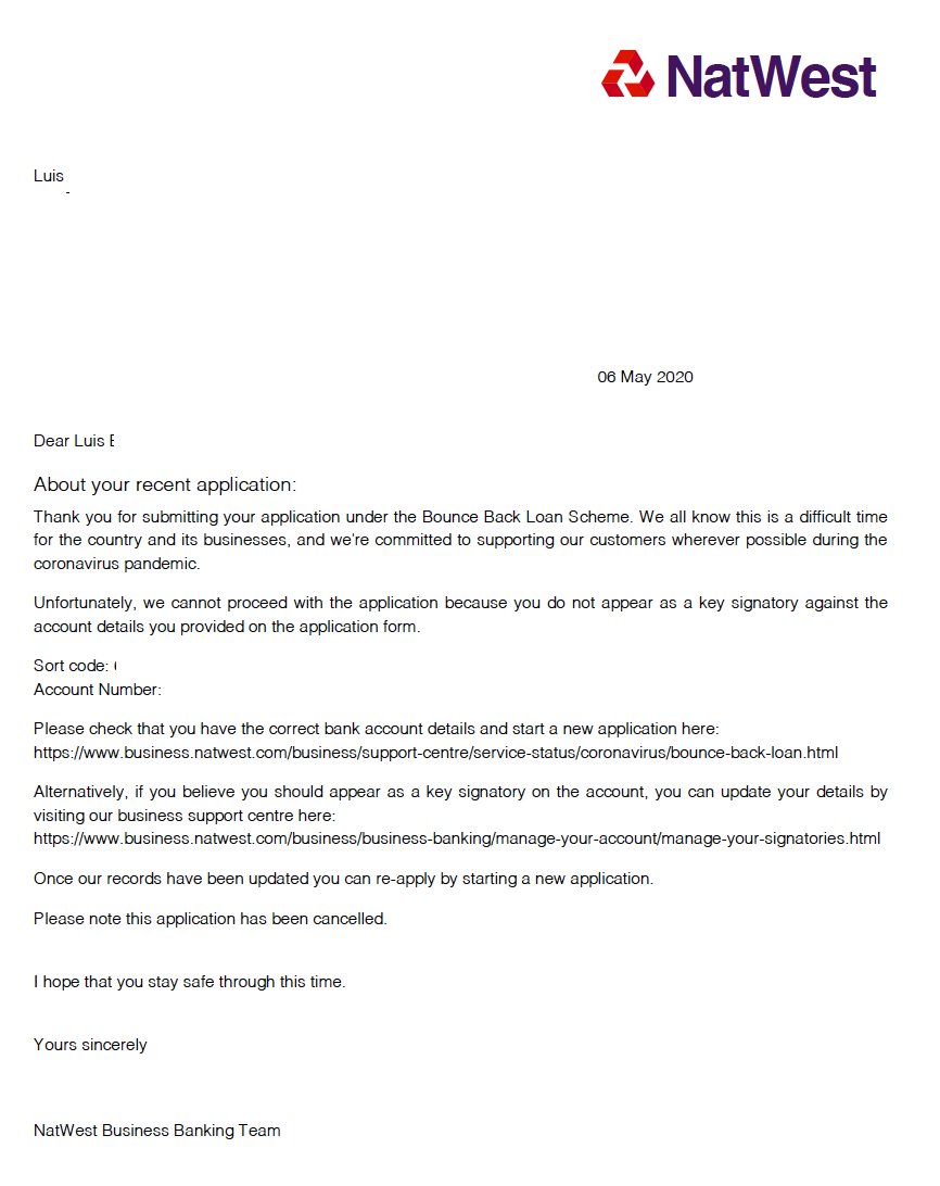 Kingluis17's tweet photo. @NatWestBusiness I received this email, called them and they said nothing was wrong with my application or signatory, they will investigate and come back to me NEXT week! been told not to apply again, please help! https://t.co/x15TK2wV3Y