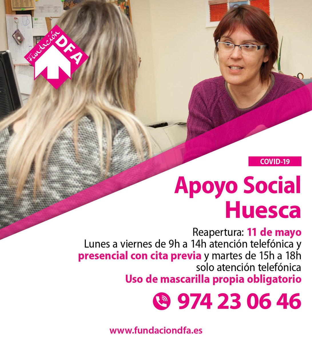 FundacionDfa's tweet photo. APERTURA ‼️
Lunes 11 de mayo abrimos #CentroApoyoSocial
Atención presencial en horario de 9 a 14 horas, imprescindible acudir con cita previa
#Huesca llamar al teléfono 974230646
Echa un vistazo también a las medidas de #seguridad e #higiene que debes tomar antes de acudir 👇 https://t.co/as4kNBqbYy