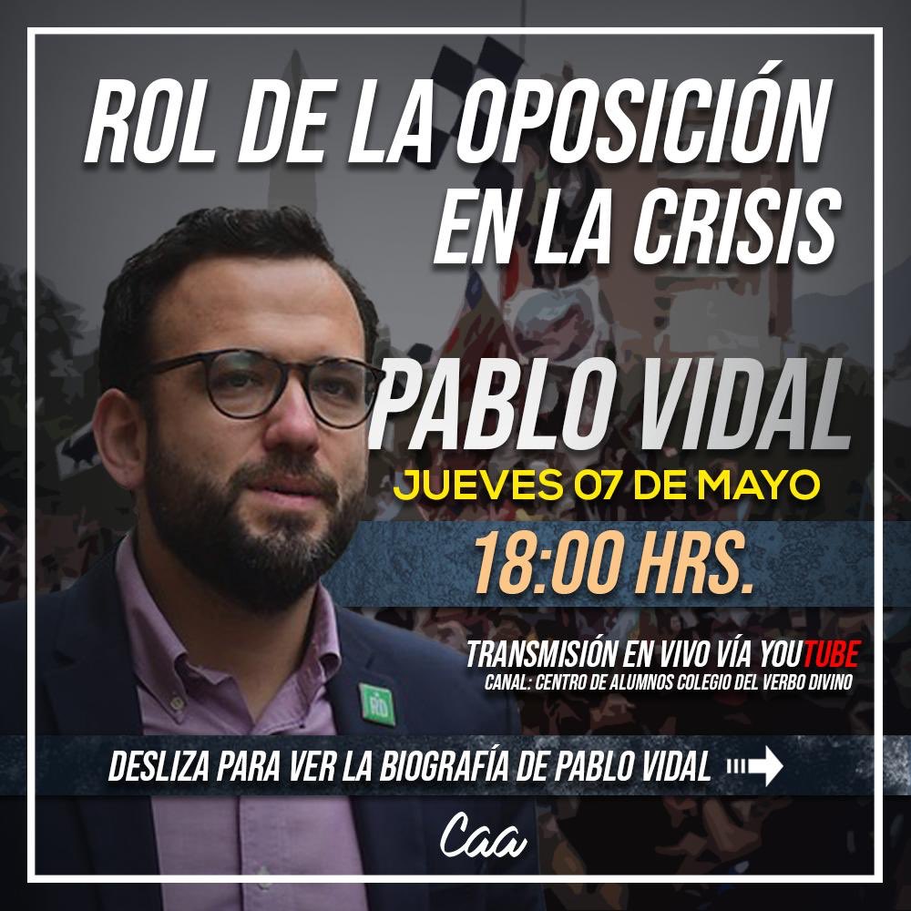 caacvd's tweet photo. Hoy día jueves 7 de mayo, tendremos una charla sobre el rol de la oposición durante esta crisis, junto al diputado del distrito 8, Pablo Vidal, Militante de Revolución Democrática.
Será transmitido vía YouTube Live por el canal: 
Centro de Alumnos cvd
-
Jueves 7 de mayo 18:00 hrs https://t.co/4lviddYnYX