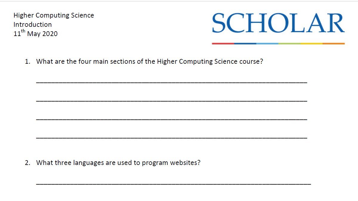 ScholarUK's tweet image. Moving on to Higher Computing? Try the worksheet: scholar.hw.ac.uk/sessionsSchedu…
Join us at 6:00 pm, Monday 11 May
#HigherComputing #supportingyourlearning