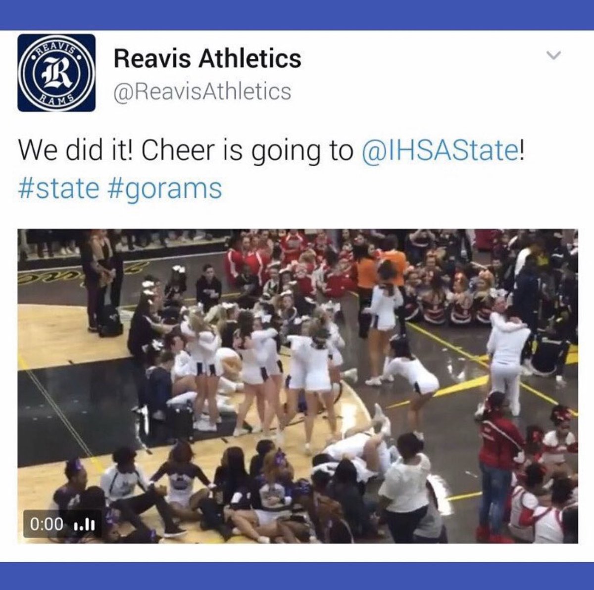 ReavisCheer's tweet photo. @ReavisAthletics Another awesome moment for the school, the program, and these kids➡️qualifying for IHSA State in 2017, the first appearance for the program since 2007! #reaviscoed #pte #wesuredid 💙🐏🤞🏼 @ReavisAthletics https://t.co/wTW9XO9r7A