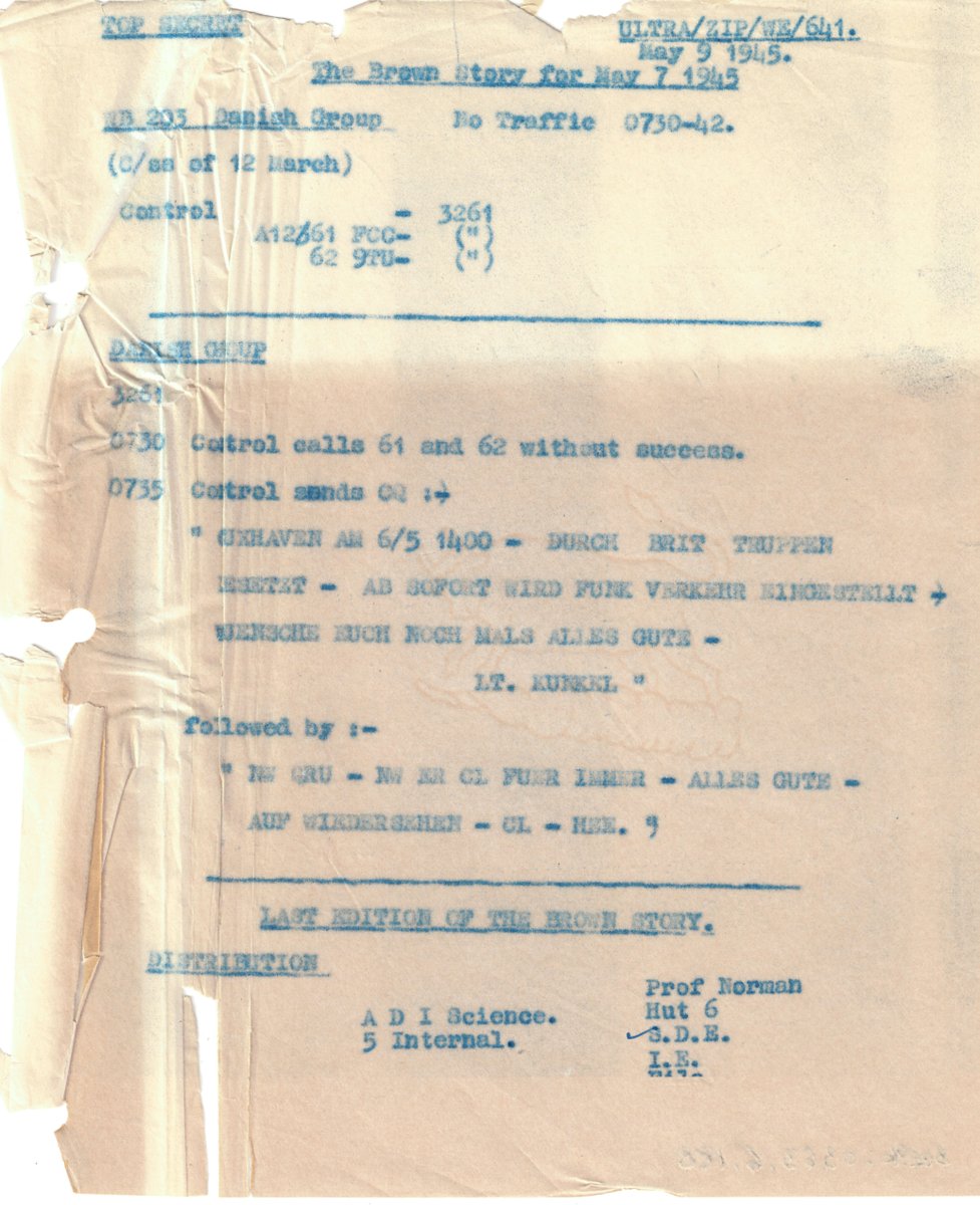 GCHQ's tweet image. This note, written by GCHQ Analysts at @BletchleyPark in #WWII, shows the final message from the German BROWN network: “Closing down for ever – all the best – goodbye.” 

Discover more in this special #VEDay75 blog written by our Historian, Tony Comer 

➡️gchq.gov.uk/information/th…