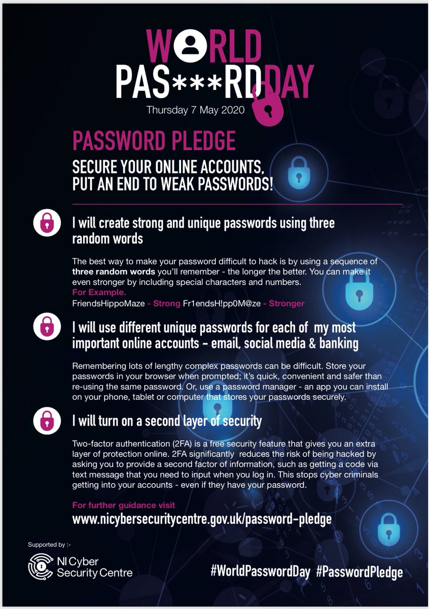 MariSmith's tweet photo. Take the #PasswordPledge today!! 🔐Check out this infographic by @NICyberSC
#WorldPasswordDay occurs each year on the first Thursday of May. That's today, May 7th!! 🗓
Download this graphic as a PDF: https://t.co/v2nkCKU7jc https://t.co/blovoTVh8z