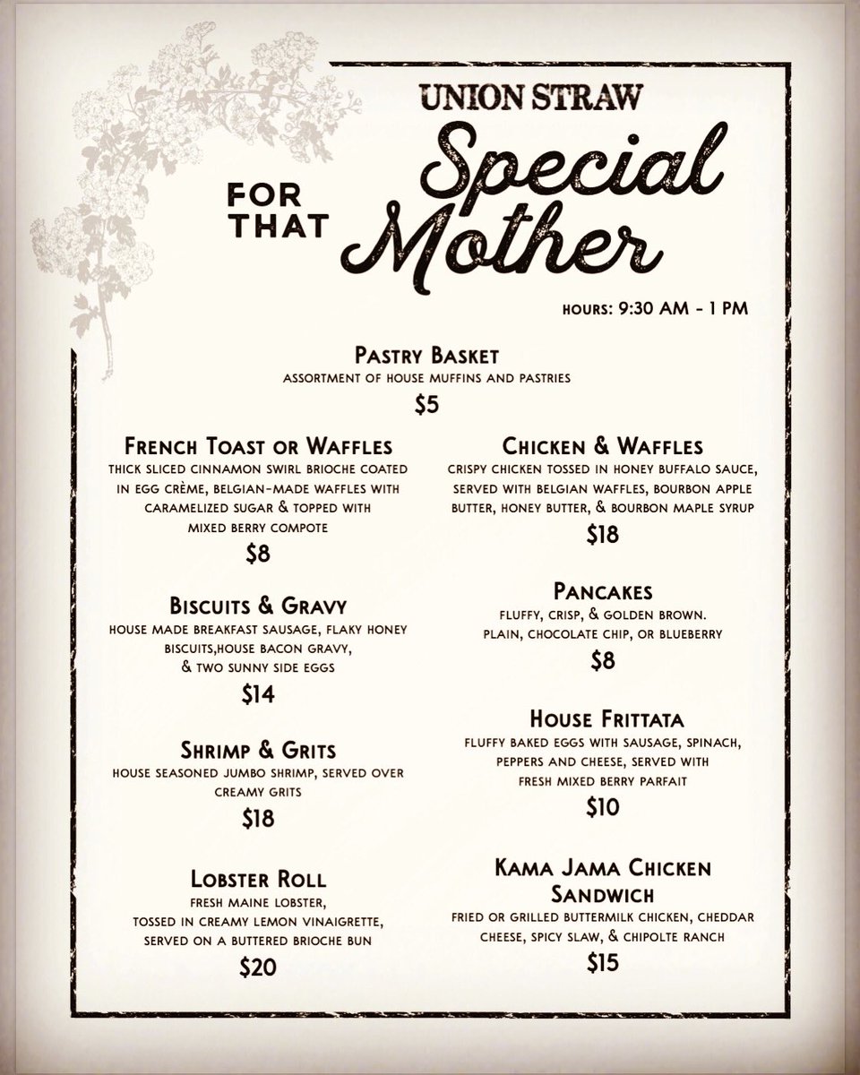 You can now place pre-orders for our Mothers Day brunch menu online. toasttab.com/union-straw/v3