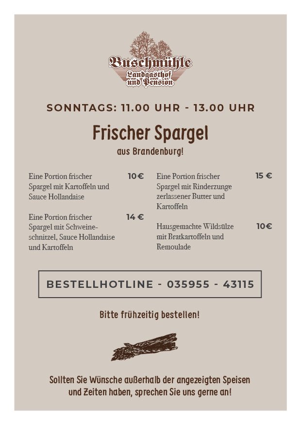 Buschmuehle's tweet photo. Zum Muttertag frischer Spargel aus Brandenburg im Angebot. #landgasthof #buschmühle #ohorn #essentogo #fckcorona https://t.co/mZtOUbEJOP