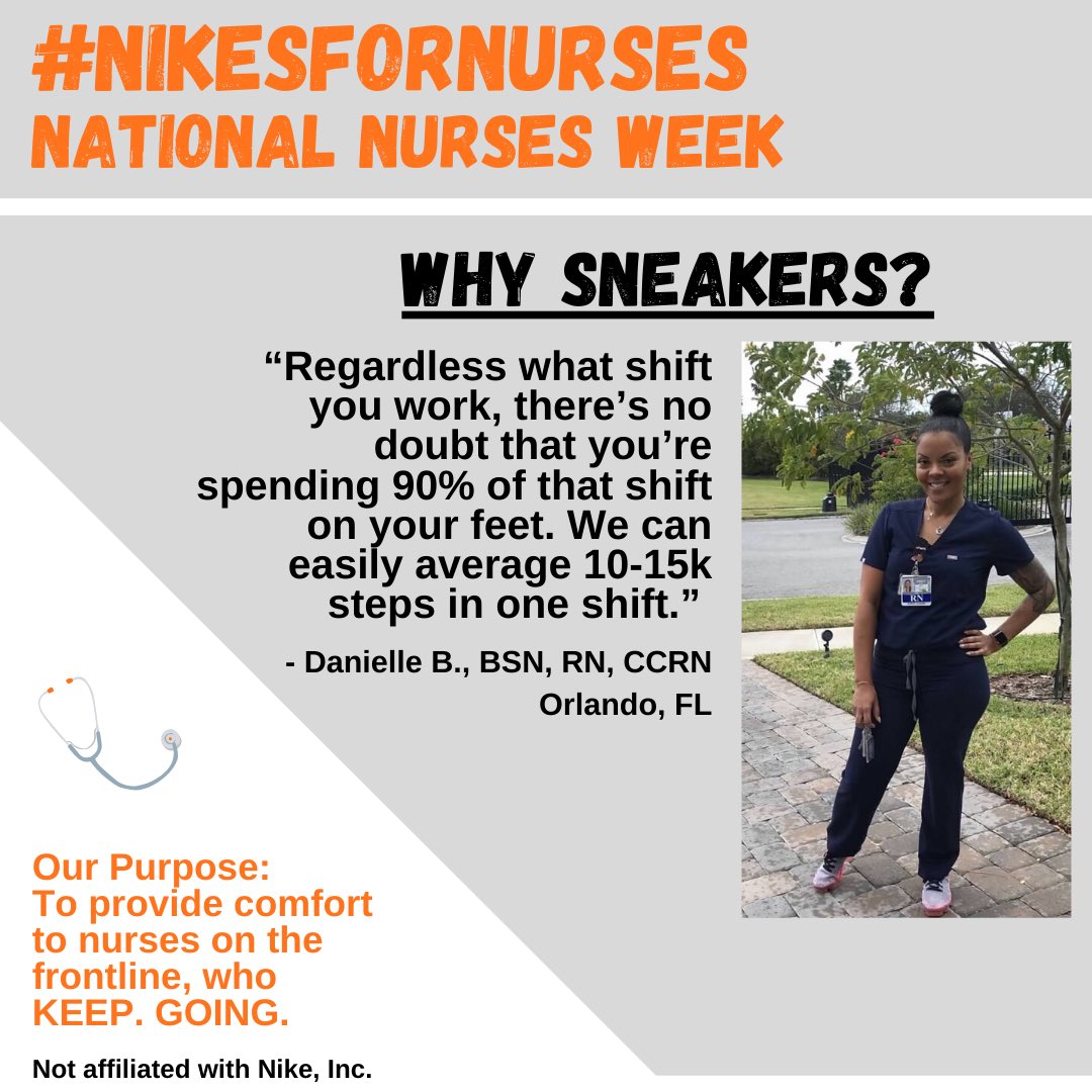 lu_booboo's tweet photo. It’s #NationalNursesWeek!
We love hearing from nurses on the frontline about their experience!
Here’s what the woman who kicked off our campaign had to say about the importance of new shoes.
🧡 #NikesForNurses
https://t.co/iz5uKlajQT https://t.co/q03050xTMg
