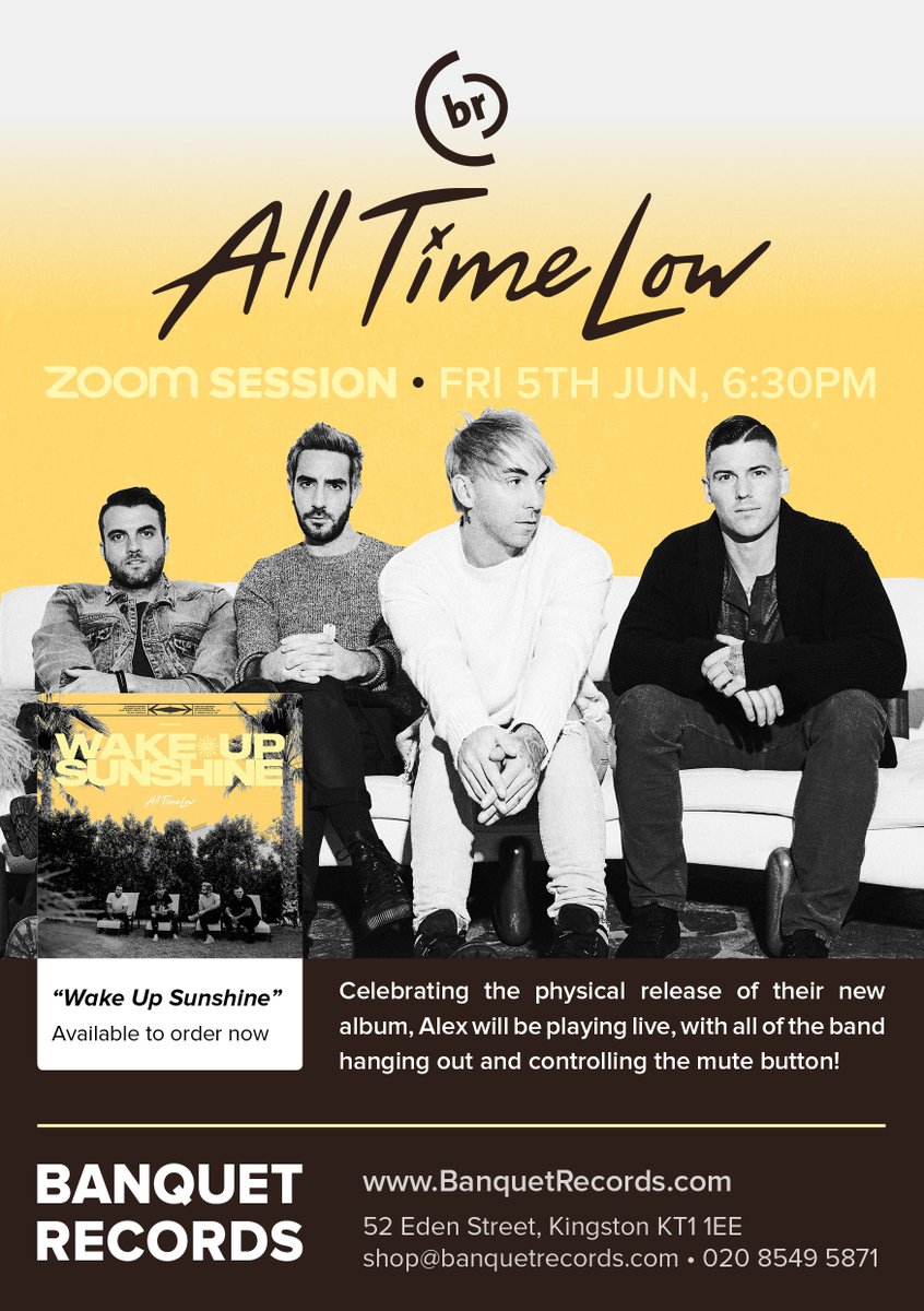 AllTimeLow's tweet photo. On June 5th, we’re hosting @BanquetRecords's first Zoom Meet &amp; Greet/Acoustic Set with 300 of our UK fans 🇬🇧

To receive an access code, purchase a copy of #WakeUpSunshine from Banquet Records here: https://t.co/2oryH1qFXt

See you there and don’t get MUTED. https://t.co/1PXdJWQ4DL