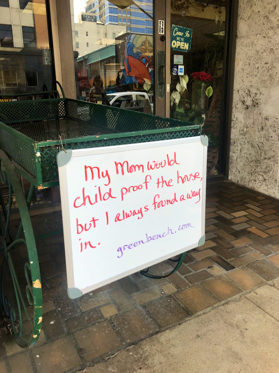 HarlanYoungII's tweet photo. Green Bench Flowers has posted a joke a day every day since I moved to @StPeteFL. Rain, shine, even a pandemic can’t keep their wit at bay. Even when the doors are closed I can count on a joke in the window. This is among the many things I appreciate about the businesses here. https://t.co/s6dfoQz3WS