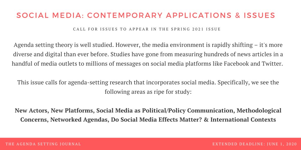 The Agenda Setting Journal On Twitter Update Extended Submission Deadline Is Now June 1 2020 Please Consider Being A Part Of Our Spring 2021 Issue On Social Media We Re Especially Interested In