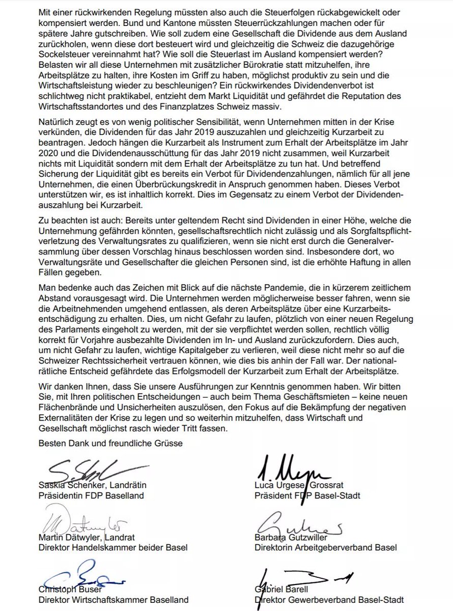 "Noch mehr Unsicherheit führt zur Verschärfung der Krise" -
Heute versendeten Vertreterinnen und Vertreter der Wirtschaftsregion Basel einen offenen Brief an die nationalen Parlamentarierinnen und Parlamentarier. 
.
Hier geht's zum ganzen Brief: 
fdp-bl.ch/fileadmin/grou…