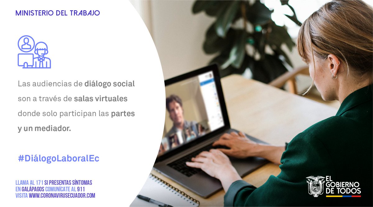 MinTrabajoEc's tweet photo. La audiencia de #DiálogoLaboralEc será atendida oportunamente de manera virtual, con la participación únicamente de las partes implicadas ante el respectivo mediador. 

#QuédateEnCasa
#JuntosEcuador🇪🇨 https://t.co/raNldUxqzq