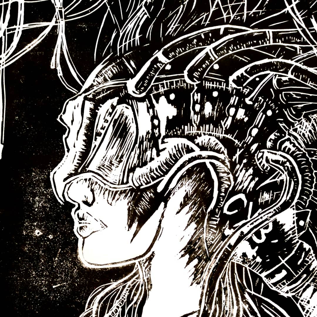 AurielPhoenix's tweet photo. #Linocut of my #Comdroid #Medusa 2.0 of my #The7Circuits. That was hard work cutting but I love how the paint gave it such a special dark aura and structure. https://t.co/E5lR1SxohH