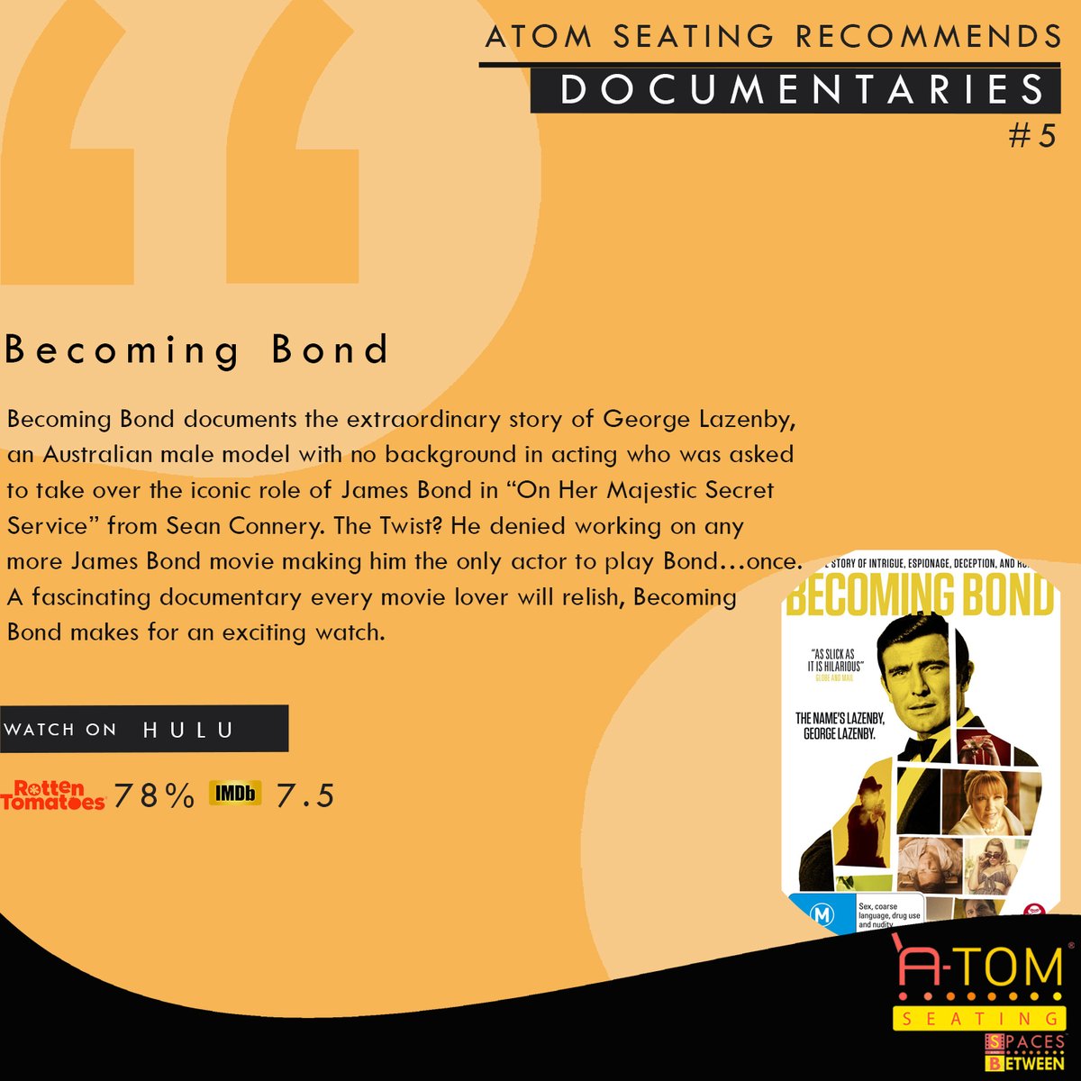 AtomSeating's tweet photo. Documentary Countdown - 5
Becoming Bond
#Documentary #AtomSeating #BoredAtHome #Binging #DocumentariesToWatch #Hulu #HuluDocumentary #InclineToRecline #StayAtHome #HomeStay #MustWatch #StayHome #StaySafe #BecomingBond #JamesBondMovies #007 https://t.co/4tEpsNsah9