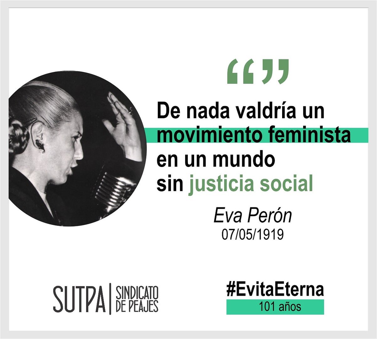 sutpapeajes's tweet photo. A 101 años del nacimiento de la recordada  #EvaPerón, que su vida, su lucha y su legado sean para todxs un ejemplo para construir unidxs una sociedad más equitativa y con verdadera Justicia Social.
@AnabelaImaz, Secretaria de Igualdad de género y Diversidad #EvitaEterna https://t.co/kgNF2IdSEg