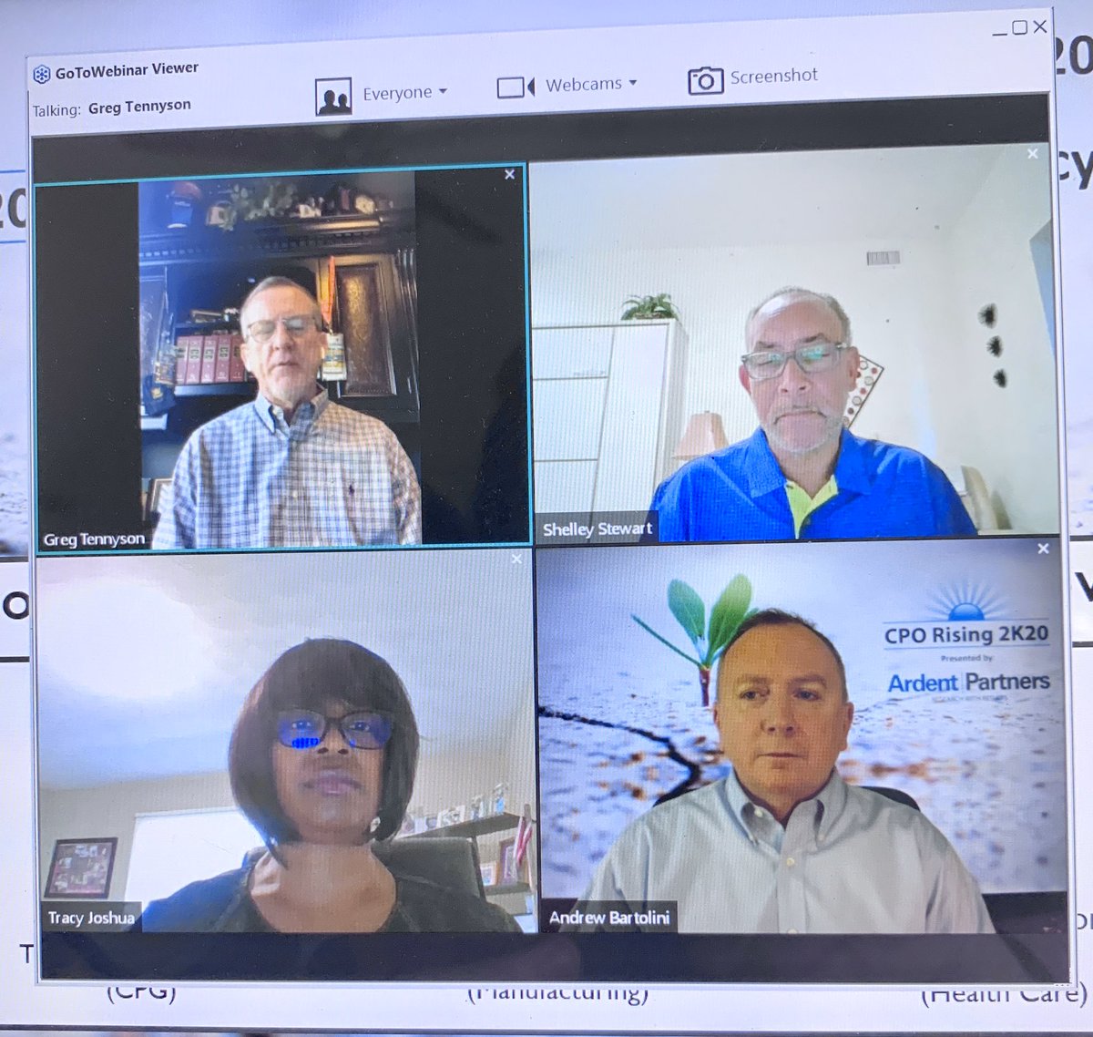 Four #Procurement legends kicking off the #CPORising2K20 Virtual Summit. Discussions around #innovation and #SupplyRisk during these challenging times. #CPO #SupplyChain <a href="/ardentpartners/">Ardent Partners</a> <a href="/andrewbartolini/">Andrew Bartolini</a>