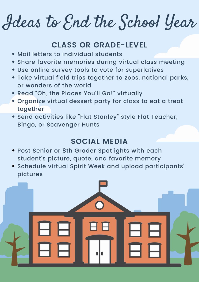tennesseetsc's tweet photo. It is hard to believe we're ending this school year remotely. As we all grieve the loss of celebrations, hugs, and formal closure to the year, consider virtual ways to continue some of your favorite end of the year traditions! #RelationshipsContinue #RTI2B https://t.co/Aa1LUQRwyM https://t.co/fBQLncLsj4