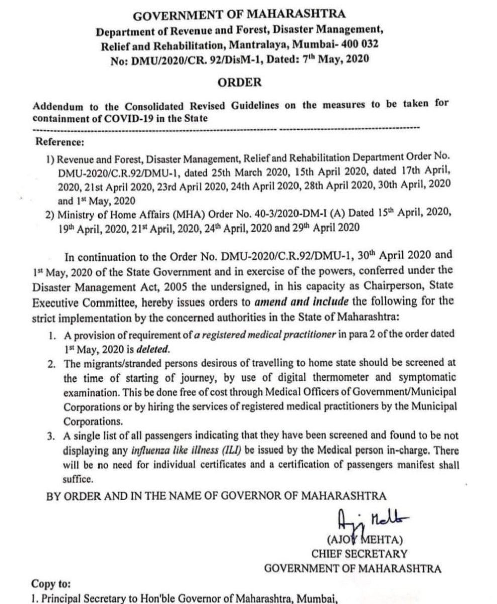 Cmo Maharashtra Update The Migrants Stranded Persons Desirous Of Travelling To Home State Should Be Screened At The Time Of Starting Of Journey By Use Of Digital Thermometer And Symptomatic Examination