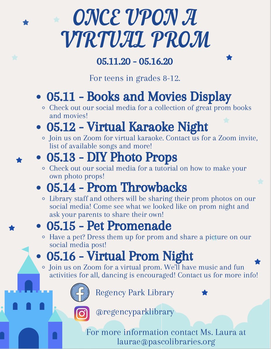 Hey <a href="/RRHSRoyalty2020/">RRHS Class of 2020</a> - Regency Park Library is inviting you to a "Virtual Prom" next week...details in their graphic below.