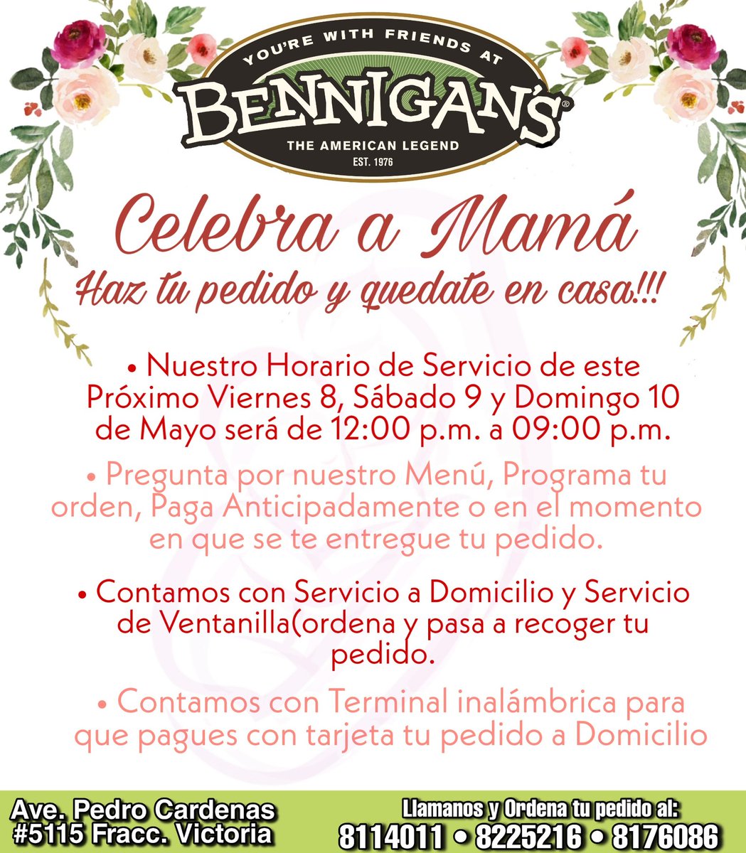 BennigansMaat's tweet photo. 🍀 Deja que mamá coma delicioso y sin cocinar en su gran día, llamanos y haz tu pedido o programalo con tiempo y te lo enviamos tu pedido a DOMICILIO. Recuerda que si quieres comer algo legendario pero aun no sabes que, te ayudamos y te compartimos nuestro Menú. https://t.co/2cvl19Ii8h