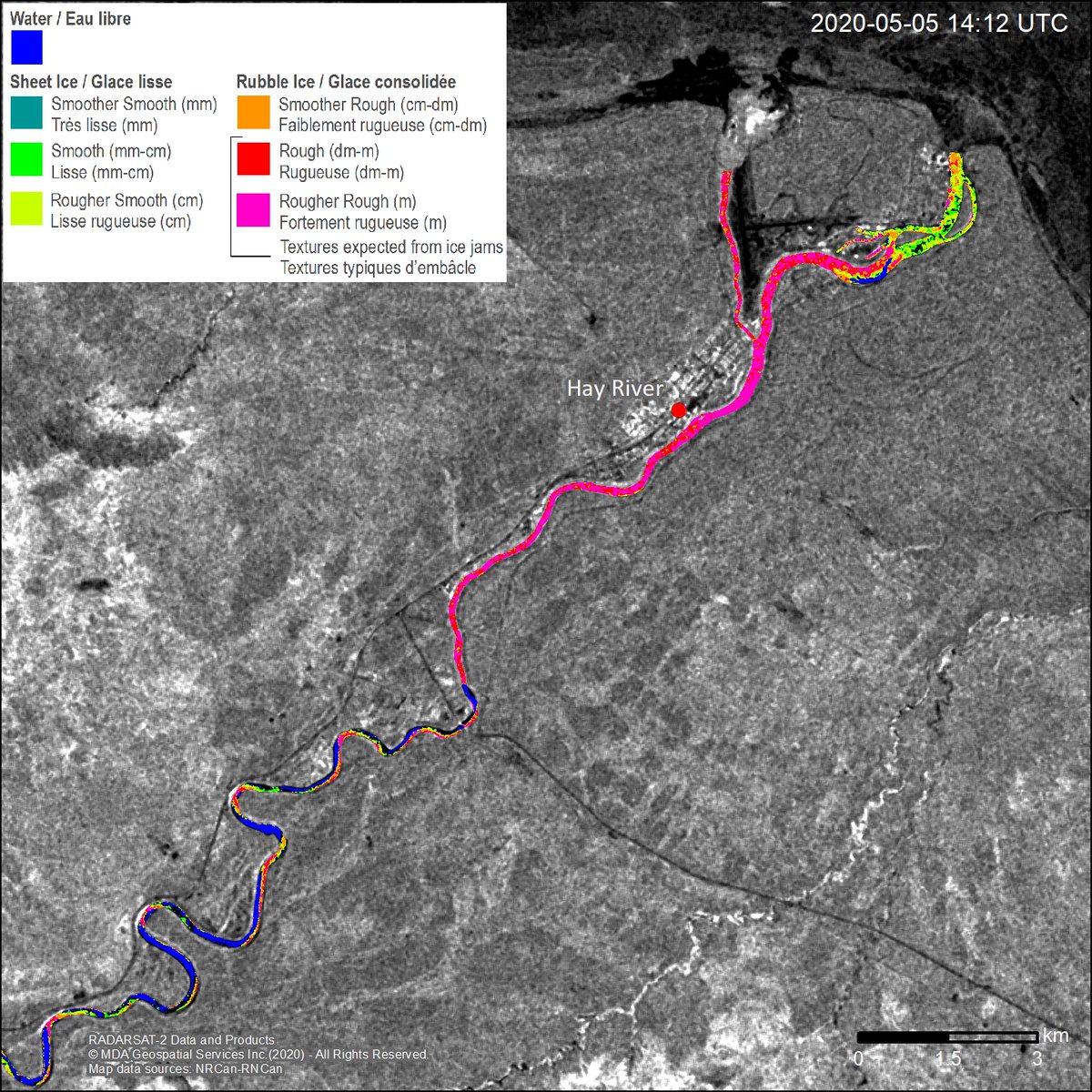 NRCan's tweet photo. Our Emergency Geomatics Service produced this river ice breakup map from #RADARSAT-2 imagery downlinked at our Prince Albert Satellite Station. This data helped the town of Hay River, NWT, decide to evacuate. 

Available here: https://t.co/2ukqceqYqq @csa_asc @MDA_maxar https://t.co/rbJV2rwNzi
