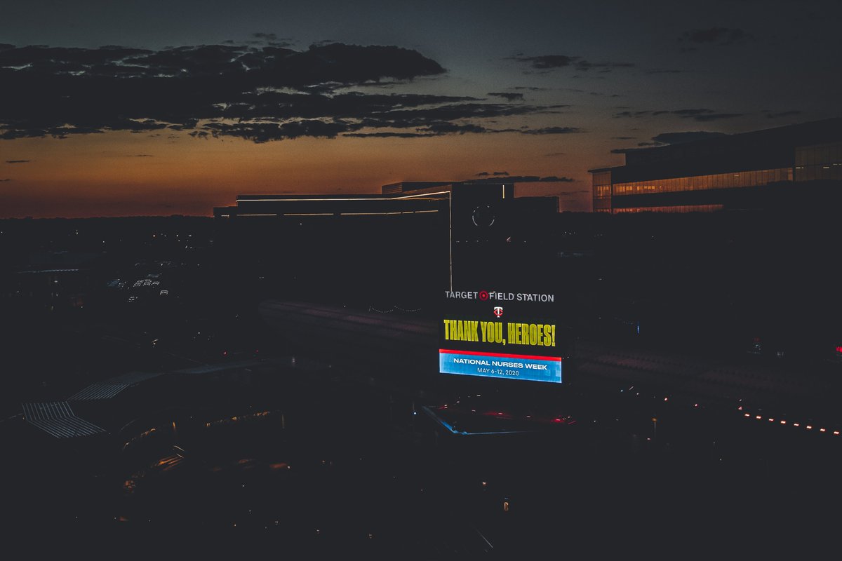 Twins's tweet photo. We've turned Target Field blue again for #NationalNursesWeek! Thank you to #TheRealHeroes. https://t.co/2p0MB3Ztkk