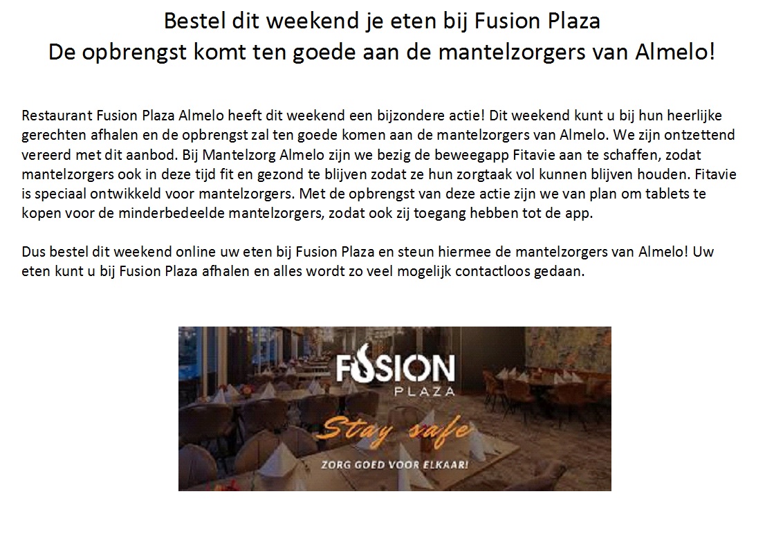 MZAlmelo's tweet photo. Weet je niet wat je moet eten dit weekend? Bestel dan eens bij Fusion Plaza Almelo. De opbrengst komt namelijk ten goede aan de mantelzorgers van Almelo #mooi #mantelzorg #eten #geld #almelo 😃🥡 https://t.co/SFL3vliq8o