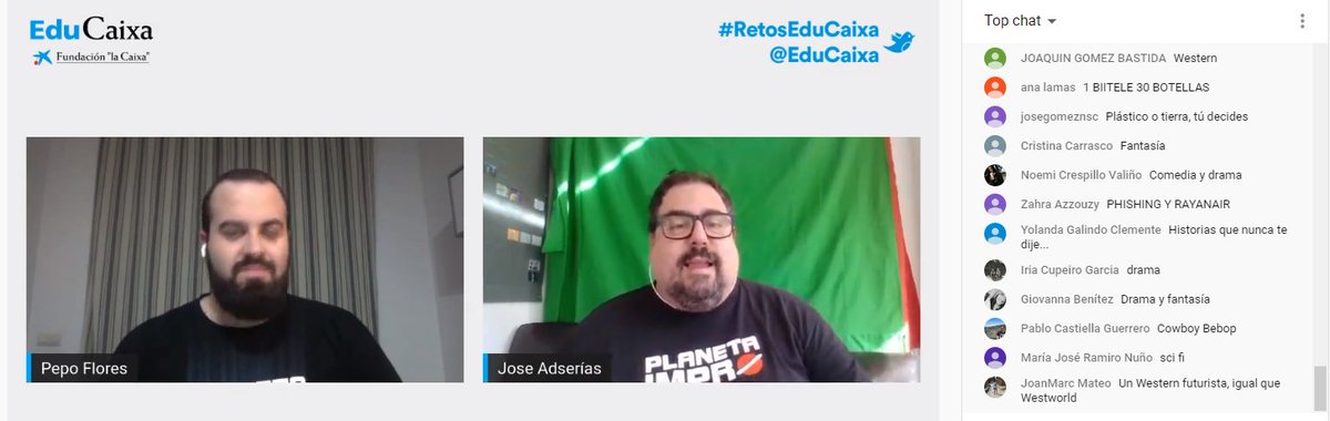 Educaixa's tweet photo. Pepo y Jose de @PLANETAIMPRO  comienzan a improvisar un show con los comentarios de los participantes del Campus Virtual de los #RetosEduCaixa. ¿El tema escogido? Crecimiento de consumo de recursos naturales en Asia! https://t.co/OvdrN98EdS