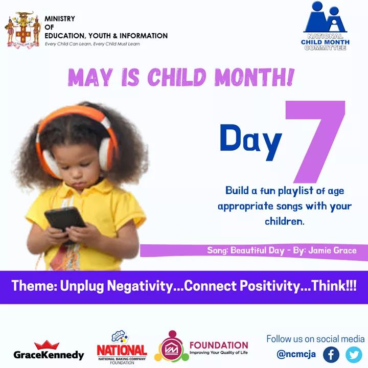 ncmcja's tweet photo. It's Thankful Thursday!

Day 7:
Build a fun playlist of age appropriate songs with your children. 

Official Hashtags:
#childmonthja
#ncmcja https://t.co/10lyitRbCb